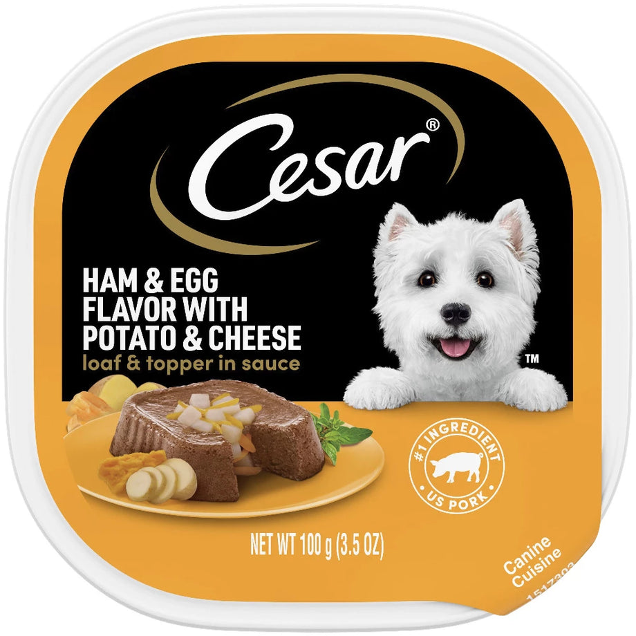 Cesar Loaf Topper in Sauce Ham Egg Flavor with Potato Cheese Dog Food Trays 3.5 oz Case of 24